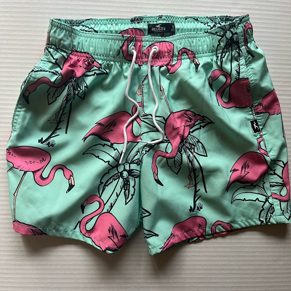 Hollister Mint Green Swim Trunks with Pink Flamingos